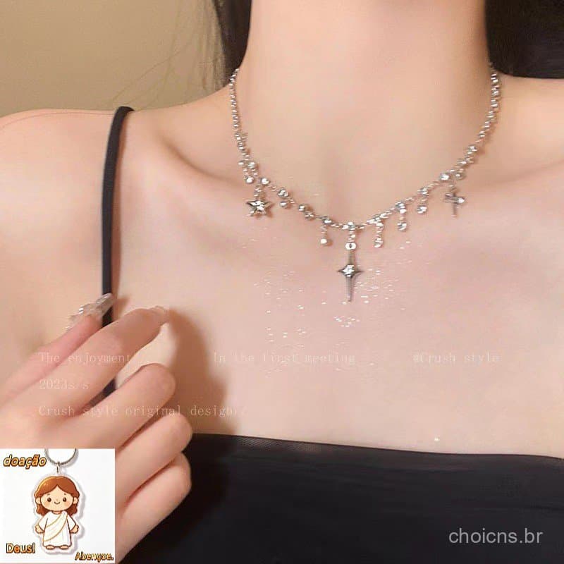 Colar de estrela com quatro pontas, estrela, diamante, colar de clavícula para mulheres