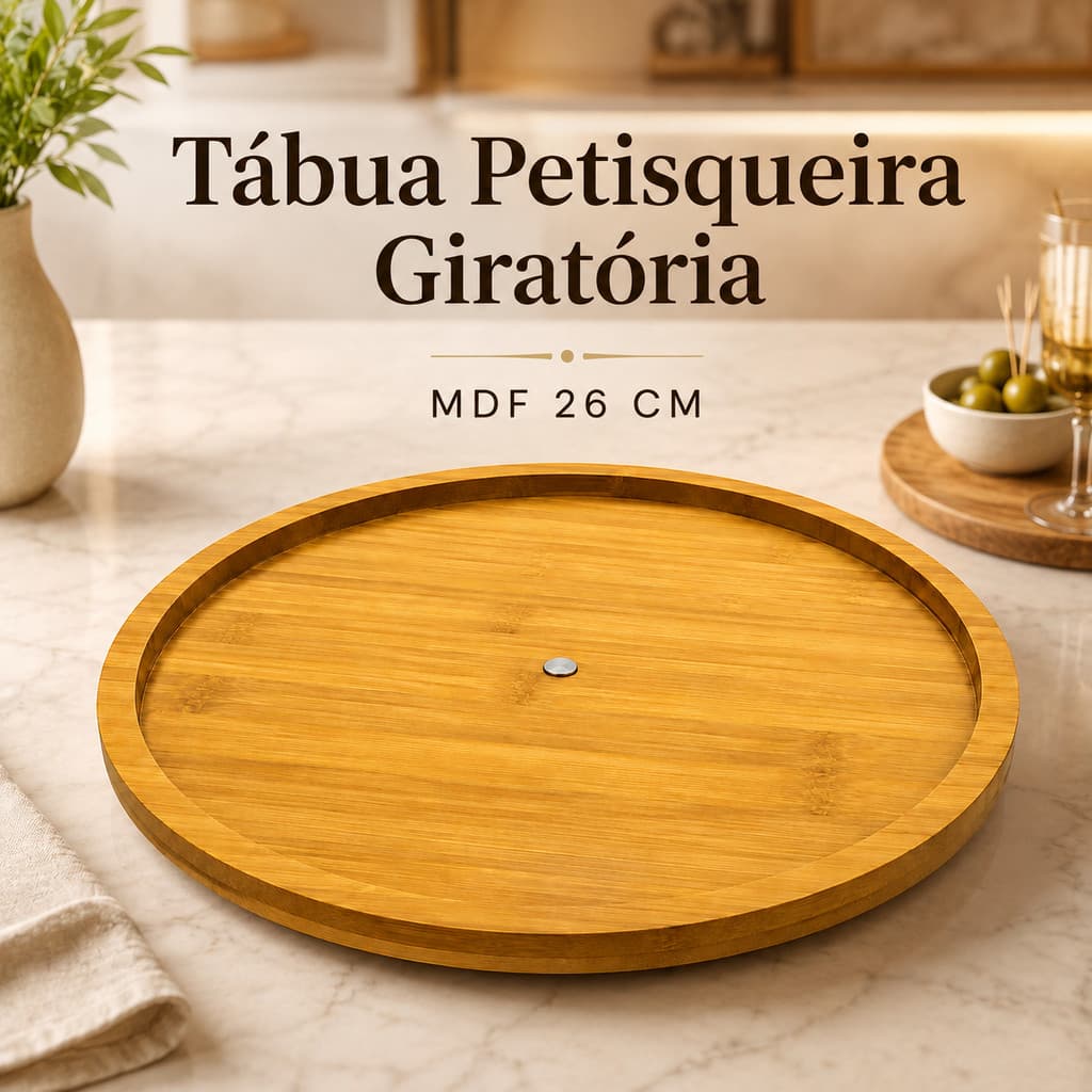 Tabua Petisqueira Giratória 360° Redonda Petiscos Café Bandeja de Frios Decoração Cozinha Mesa Posta Prático MDF Bambu