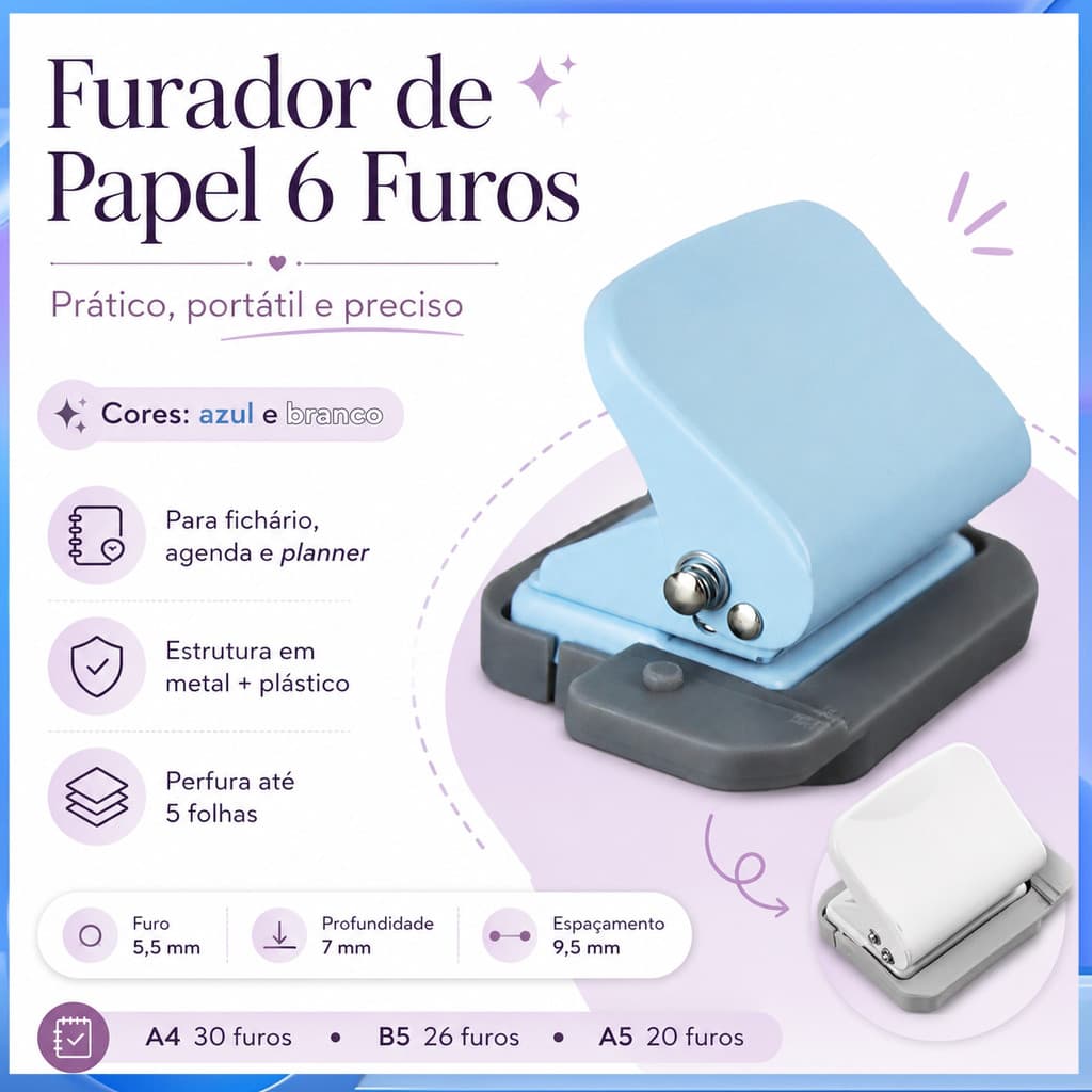Manual portátil perfurador de seis furos perfurador ferramenta de ligação de caderno de folhas soltas