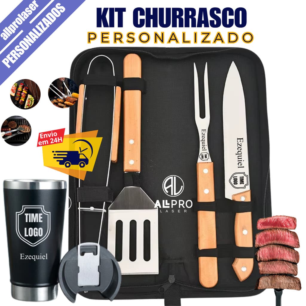 Kit Churrasco 4 Pçs ou Kit Churrasco 4 Pçs + Copo Térmico – Personalizado a Laser