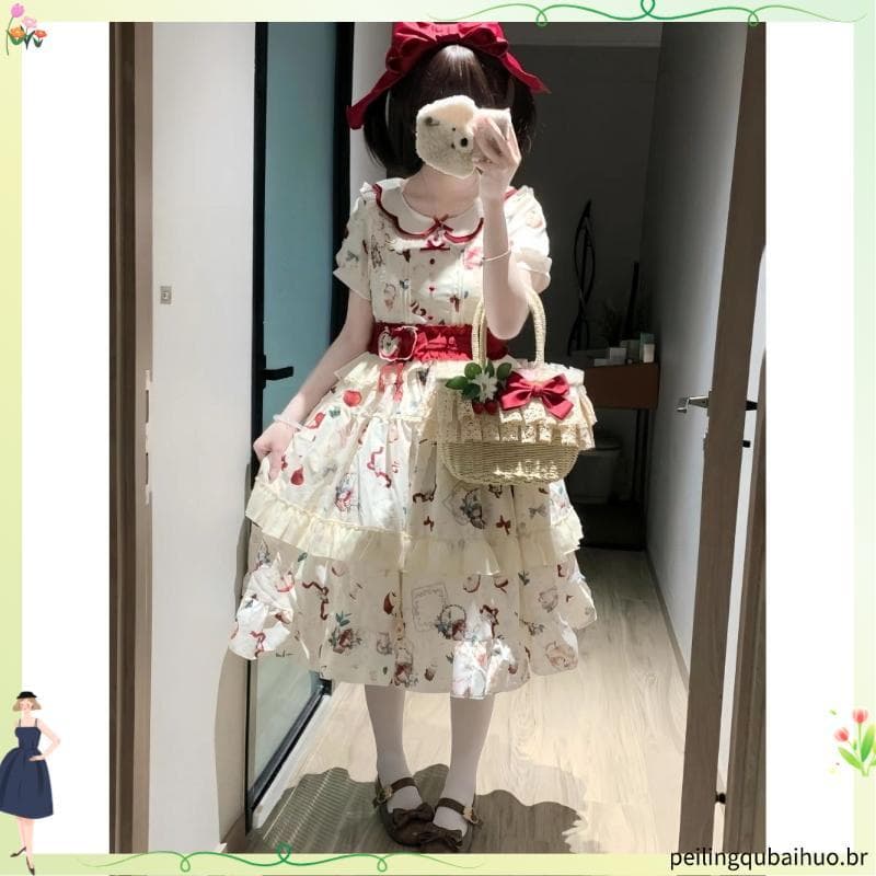 Japonês atado boneca colarinho maçã impressão Lolita vestido feminino verão macio menina doce estilo princesa bolo vesti