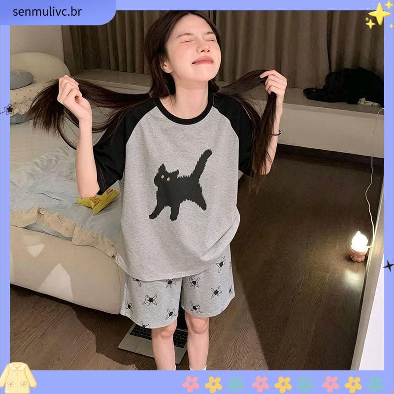 Pijamas femininos verão Shorts de manga curta dos desenhos animados estudante bonito KT menina solta 100kg Plus Size gor