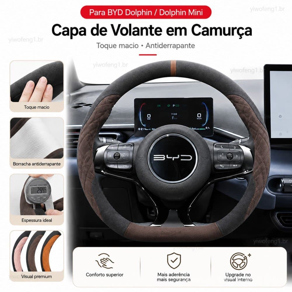 Capa de Volante para BYD Dolphin / Dolphin Mini Capa de Direção Carro Premium Capa Volante Camurça Ultracita GearRide BR