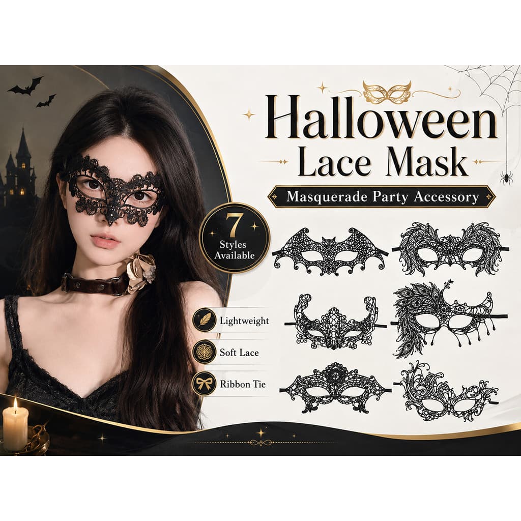 Máscara de renda oca preta de Halloween - Design de renda, acessórios para fantasia de festa de Cosplay feminino