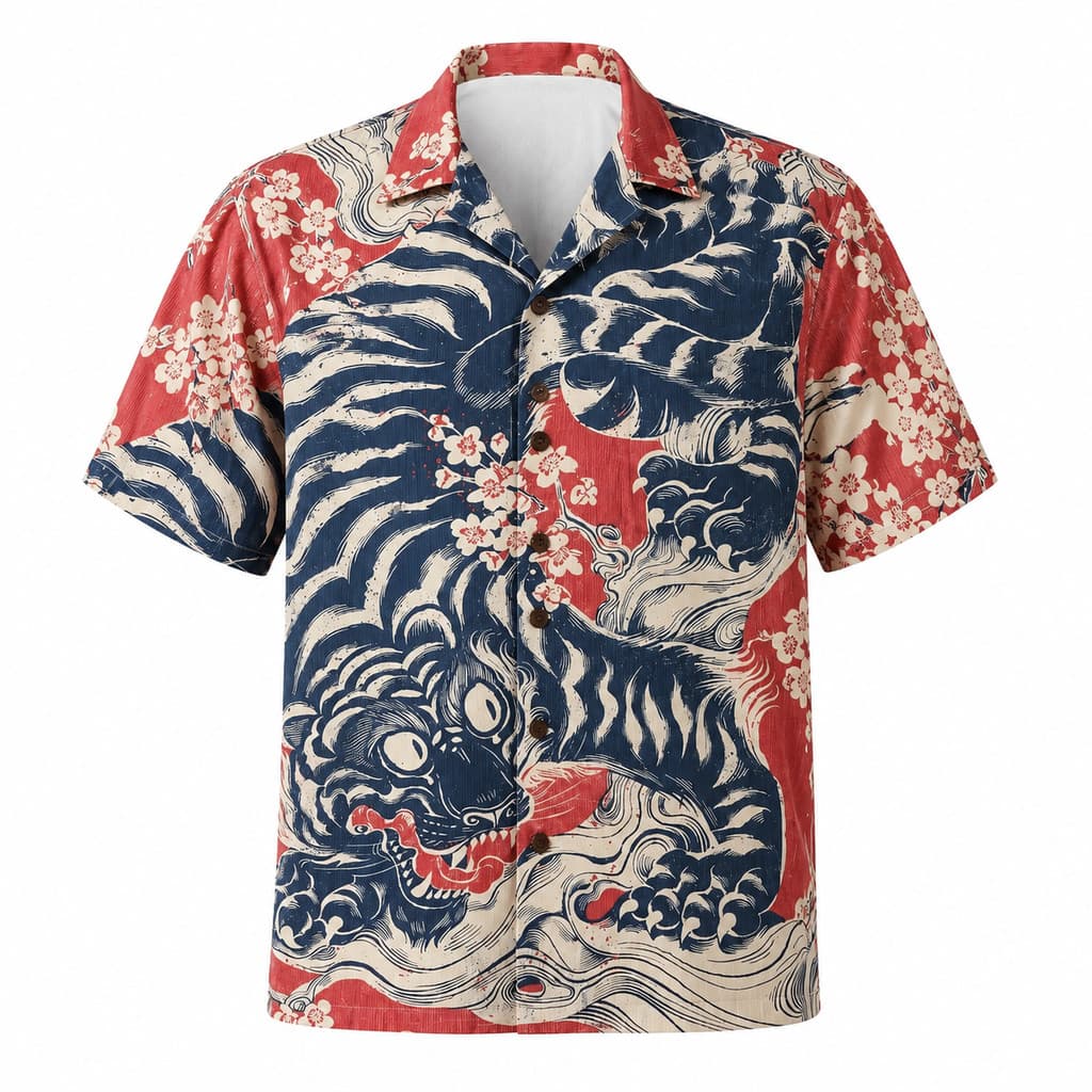 Camisa Havaiana Japonesa Roaring Tiger Sakura Cherry Blossom Aloha Manga Curta