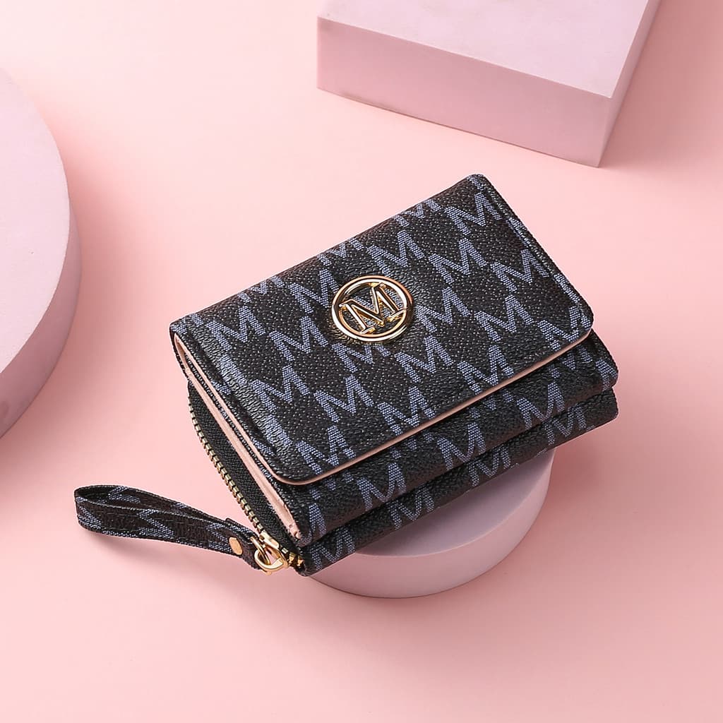 Carteira feminina curta com zíper, elegante, com múltiplos compartimentos para cartões e porta-moedas bordado.