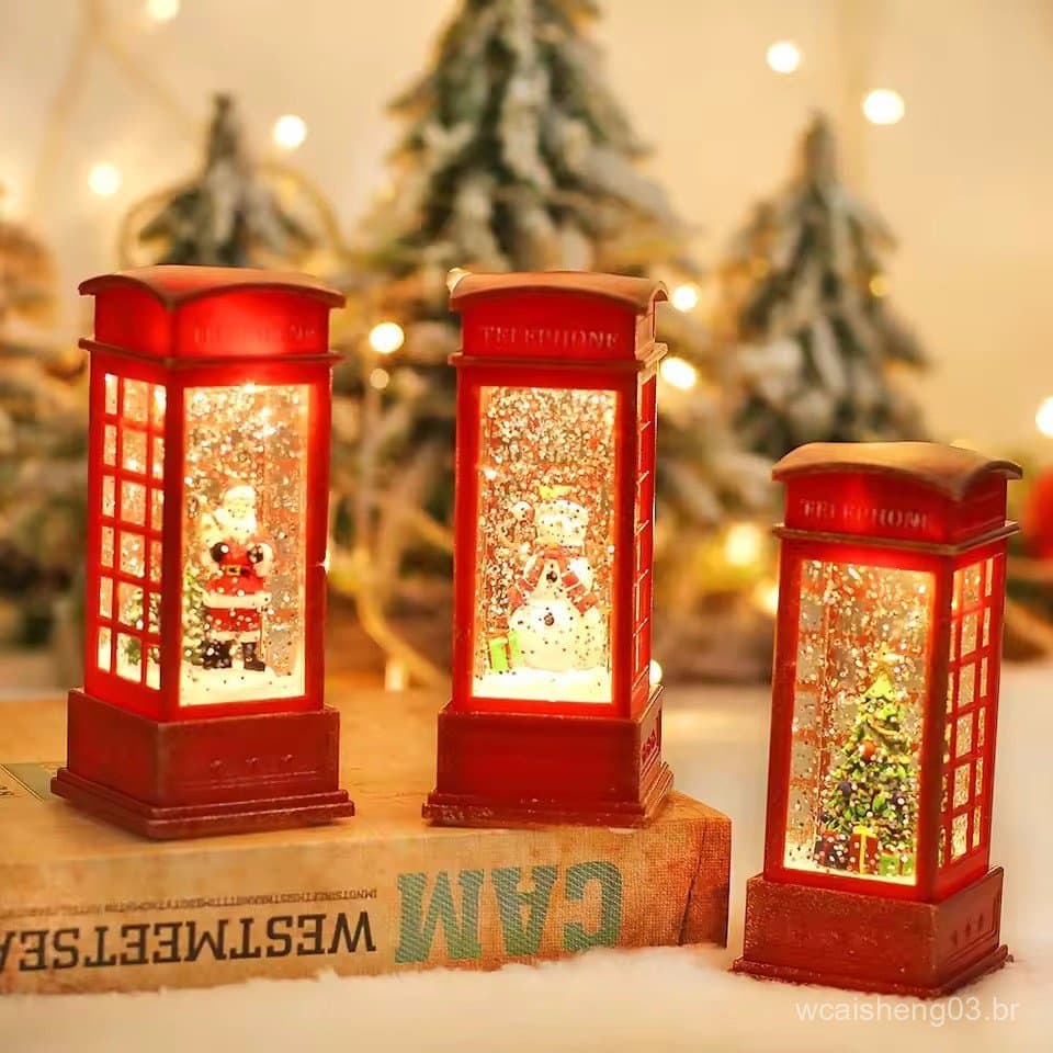 Natal Vermelho Vintage Luminoso Cabine De Telefone Lanterna Árvore De Boneco De Neve Papai Noel Estatueta Em Telefônica