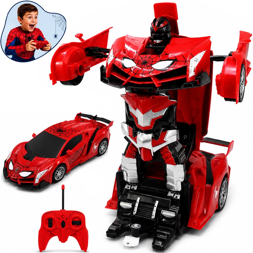Carrinho de Controle Remoto Robô Transformer Homem Aranha Infantil Que Vira Robô Recarregavel Kizumba