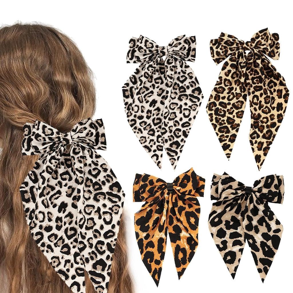 4 Laços de Cabelo para Mulheres – Laço de Cabelo Grande com Presilha de Metal, Acessórios com Estampa de Leopardo para F