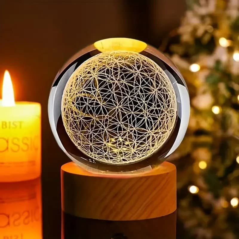 Bola de Cristal 3D Flor da Vida com Luz Noturna Colorida USB, Lâmpada LED Decorativa para Casa, Presente de Férias para