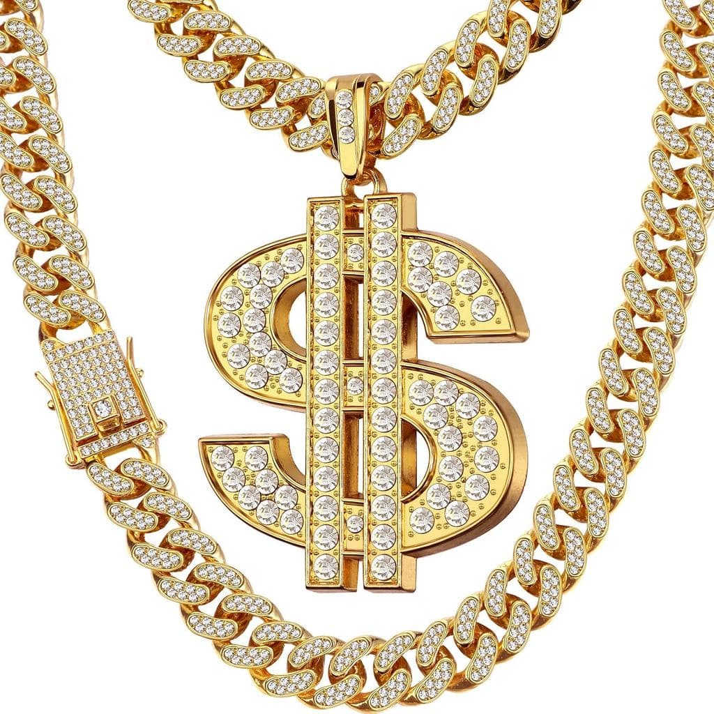 Corrente de Ouro Hillban para Homens com Pingente de Símbolo de Dólar, Colar de Elo Cubano com Diamantes, Colares com Sí