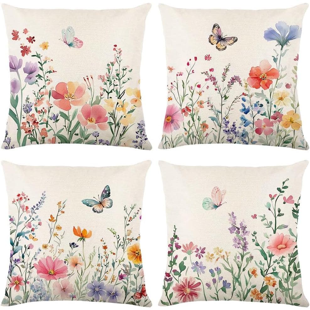 Capas de Almofada Yuubin Primavera Verão com Estampa de Plantas, 18x18 Polegadas, Conjunto de 4, Capas de Almofada com E