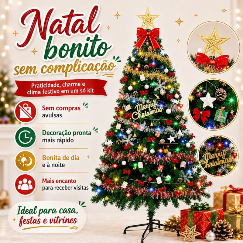 Árvore de Natal 1,80m Completa com Enfeites e Luzes LED Pisca Pisca Grande Decorada Base de Metal