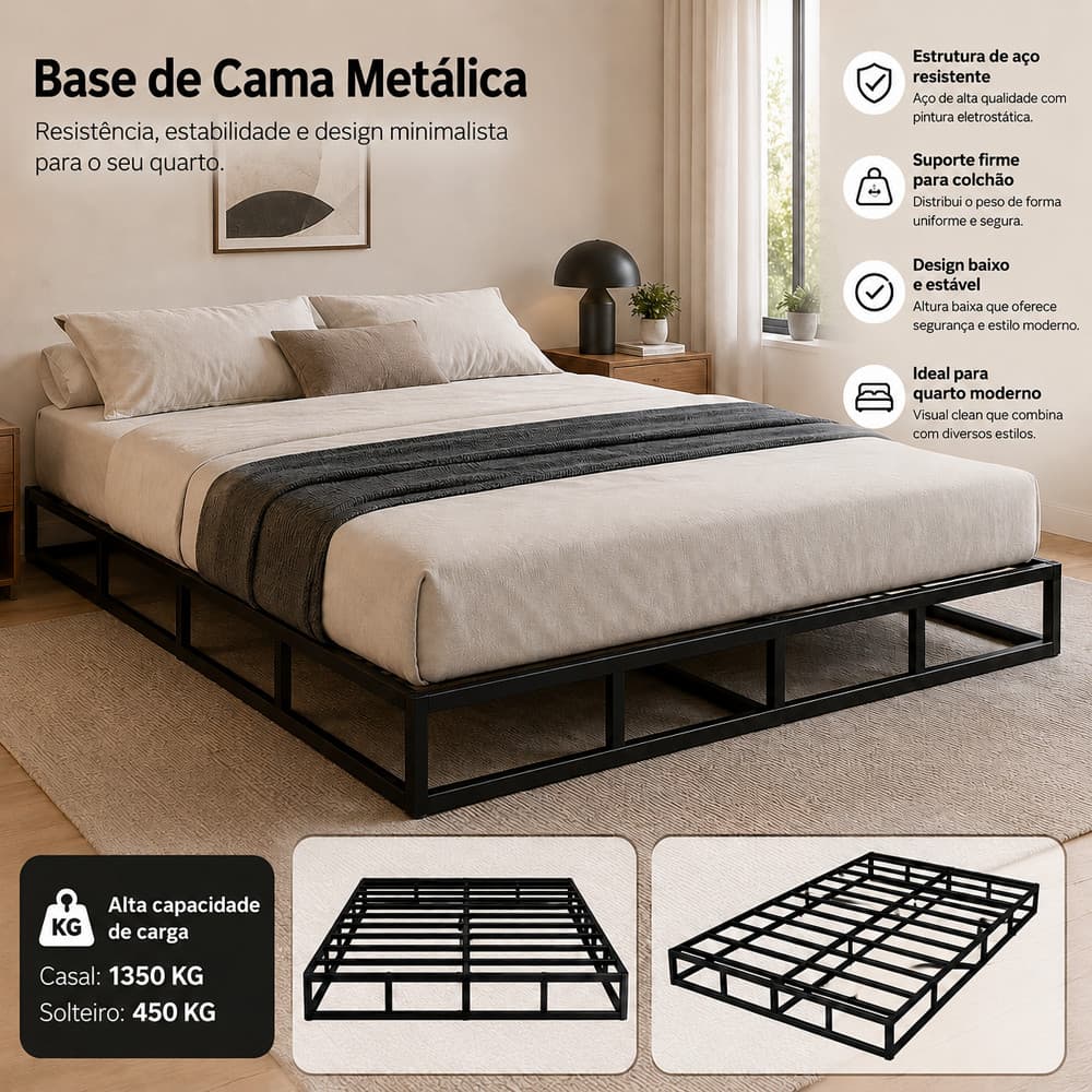 Estrado de Metal para Cama Solteiro/Casal com Capa Protetora Removível Estrutura Reforçada Suporta até 1350kg