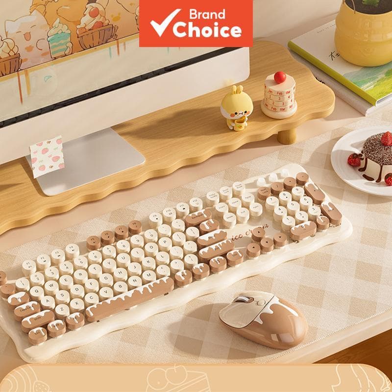 Conjunto de Teclado e Mouse Sem Fio MOFii Cream Ice Cream, Combo Retro de Teclado e Mouse Sem Fio 2.4G para Escritório,