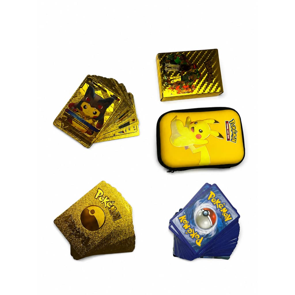 Kit 100 Cartas Douradas Colecionáveis Pokémon com Estojo