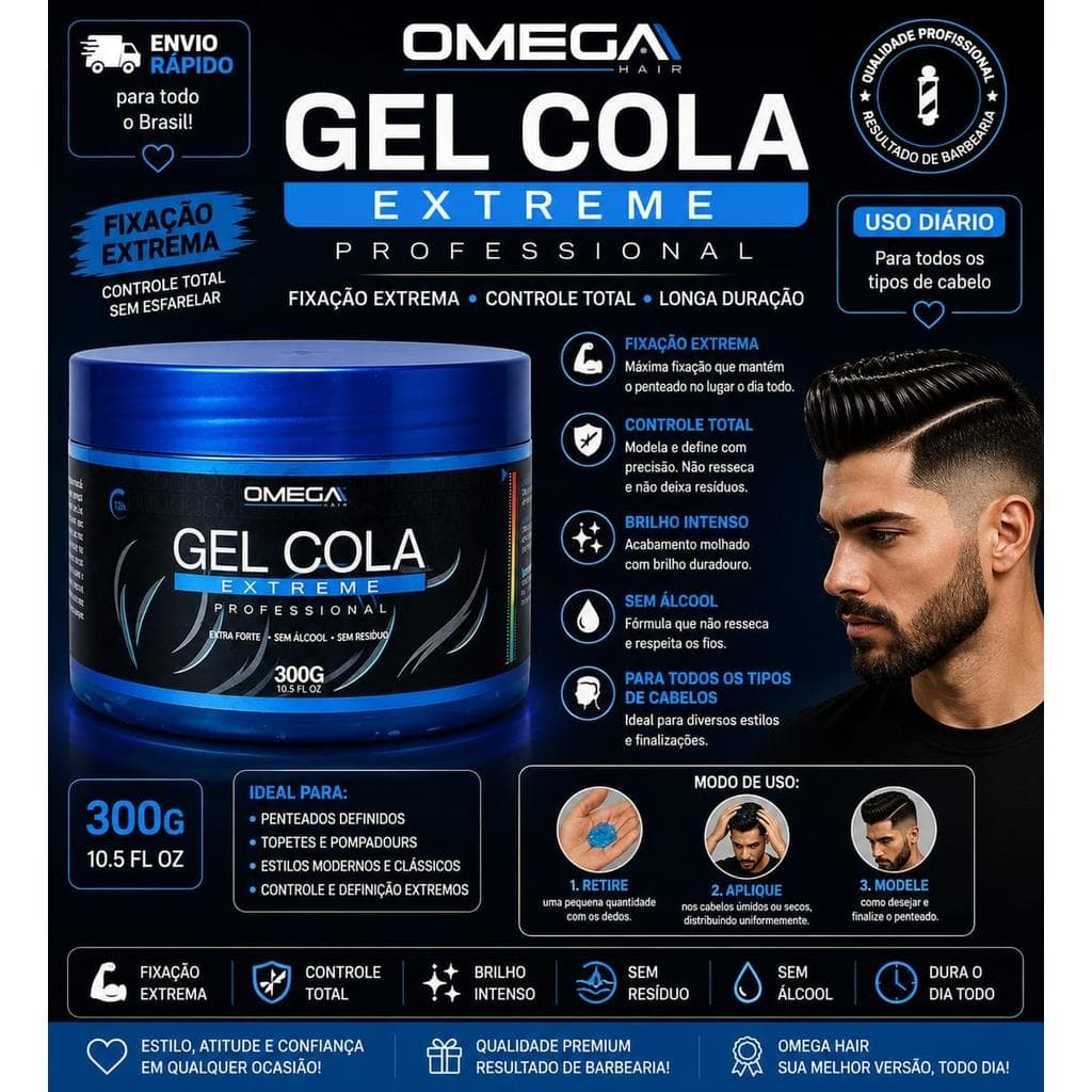 Gel Cola Xtreme Omega Hair 300g - Fixação Ultra Forte, Alta Durabilidade e Fácil Modelagem (Profissional)