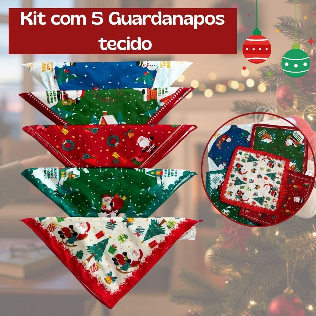 Enfeite de Natal Kit com 5 Guardanapos de tecido - Guardanapos estampados 40x40 temas de Natal