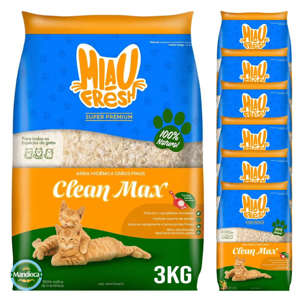Areia Higiênica Biodegradável 3Kg  Mandioca P/ Gatos Controle De Odores Torrão