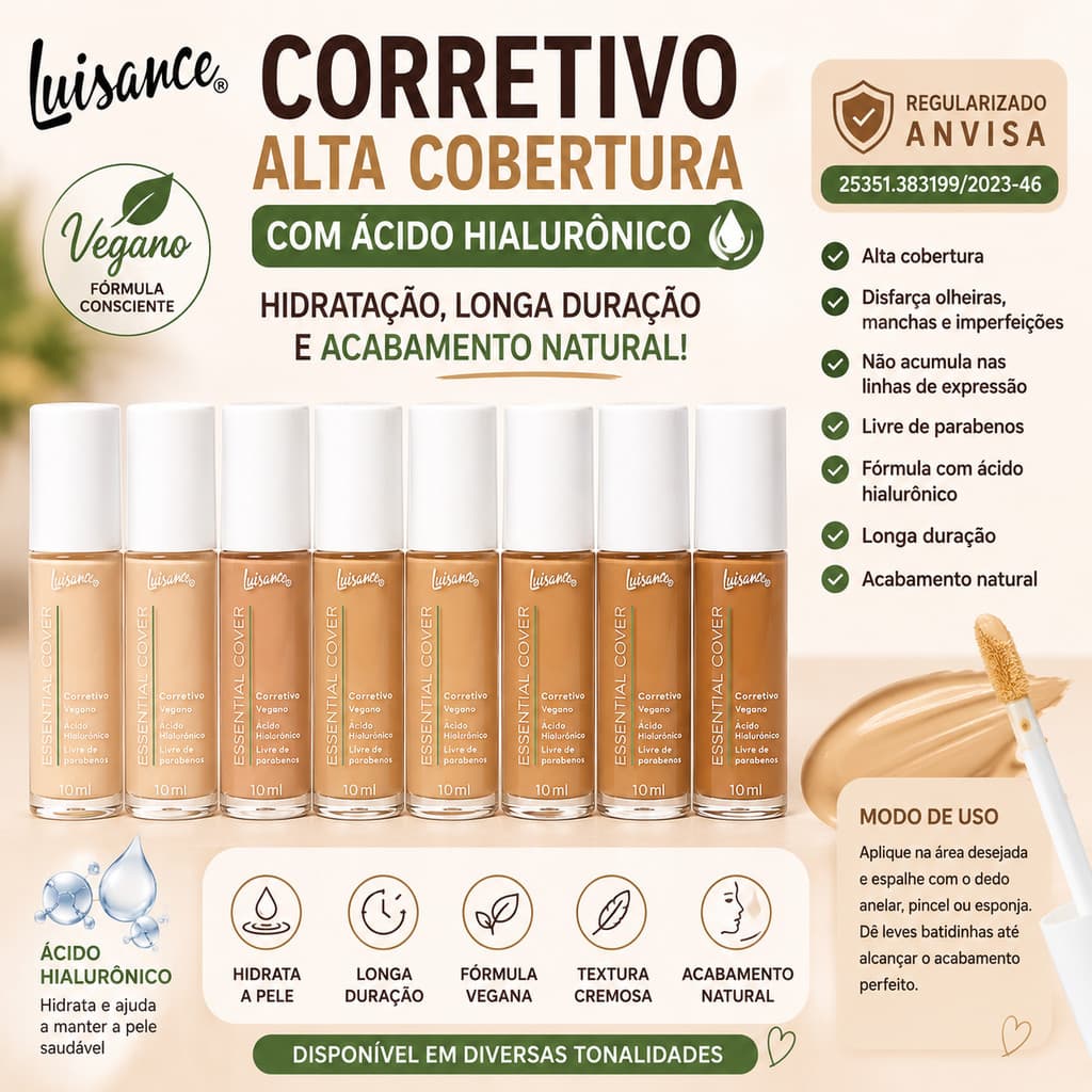 Corretivo Essential Luisance Vegano Alta Cobertura Ácido Hialurônico Longa Duração Olheiras Manchas Hidratante Facial