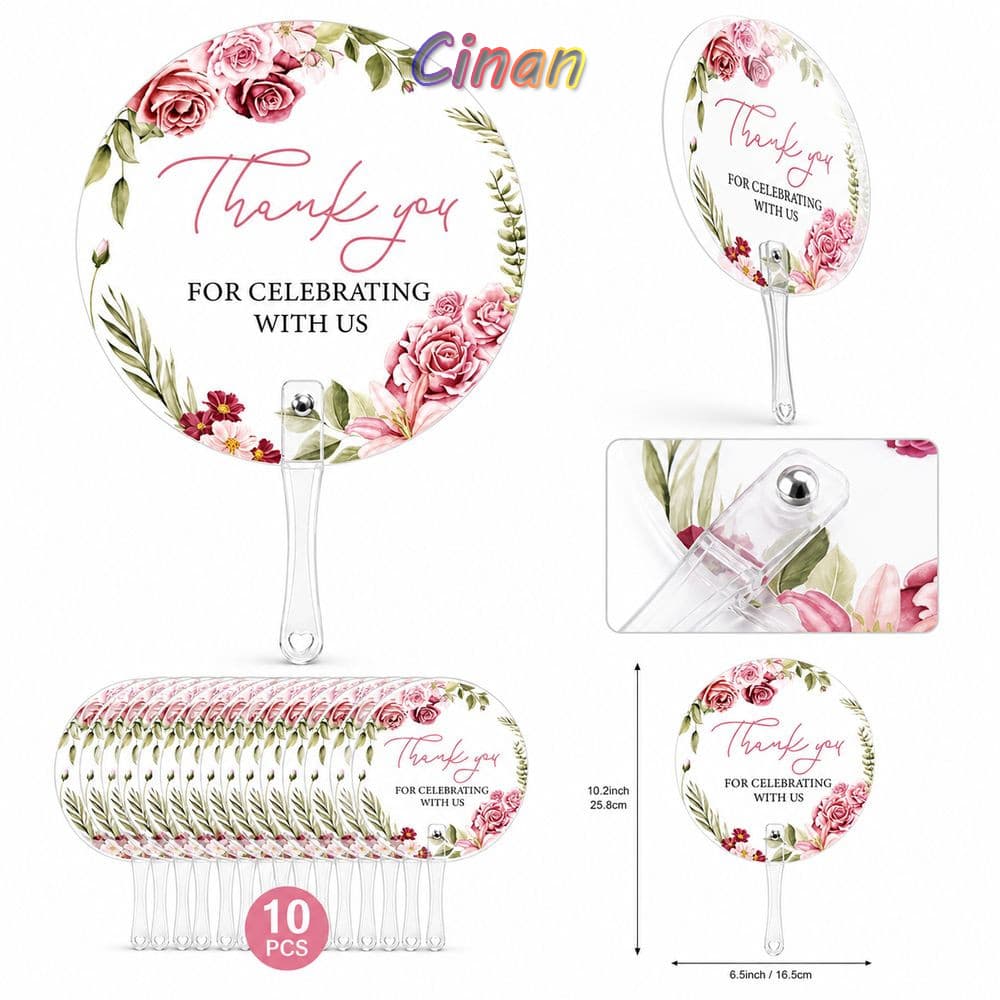 CINAN 10 Unidades De Ventilador De Mão De Agradecimento , Redondo Translúcido Floral Rosa Com Impressão Unilateral ,