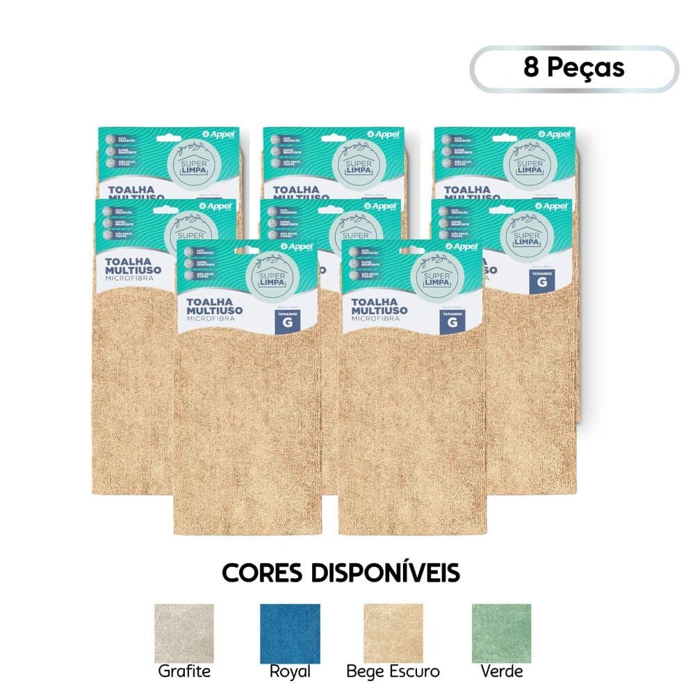 Kit 8 Toalhas Multiuso Microfibra de Alta Absorção Grande 50cm x 70cm Appel Home