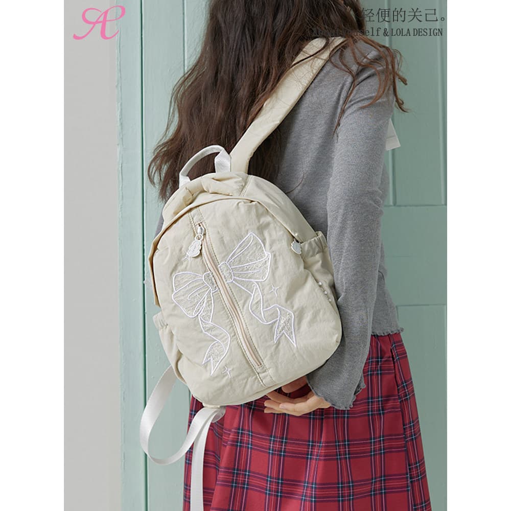 Guan Ji & Lola Bowknot Bordado Nuvem Mochila Feminina Viagem Leve Mochila Menina Estudante Universitário Mochila Pequena