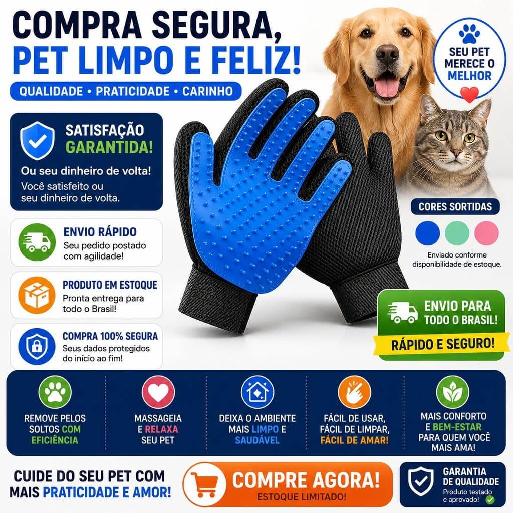 Luva Tira Pelos Pet Cães e Gatos Escova Silicone Nano Magnética Massageadora Removedora de Pelos