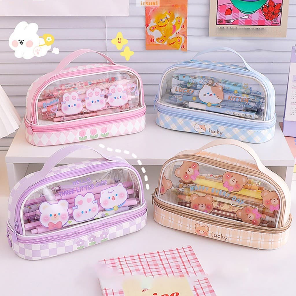 Estojo De Lápis Bonito Dos Desenhos Animados Grande Capacidade Dupla Camada Transparente PU PVC Estudante Caneta Saco