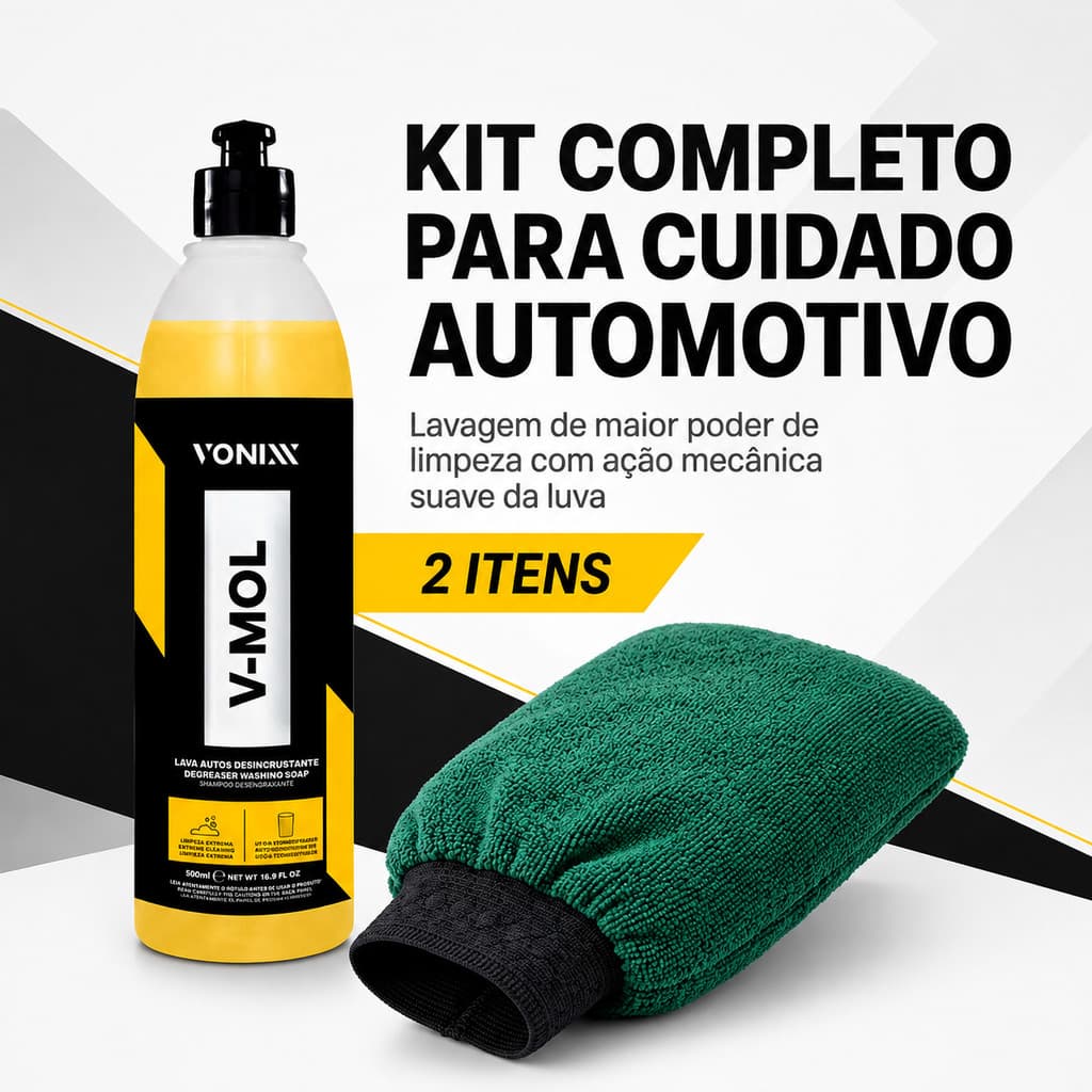 Kit V-Mol Vonixx 500ml Shampoo Desincrustante com Luva de Lavagem Vintex Carro Moto Completo