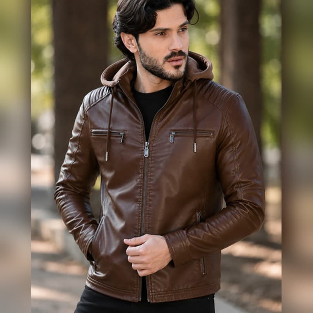 Jaqueta Couro Marrom Escuro Motoqueiro Capuz Inverno Krayani M Impermeável Liso Masculino Outono