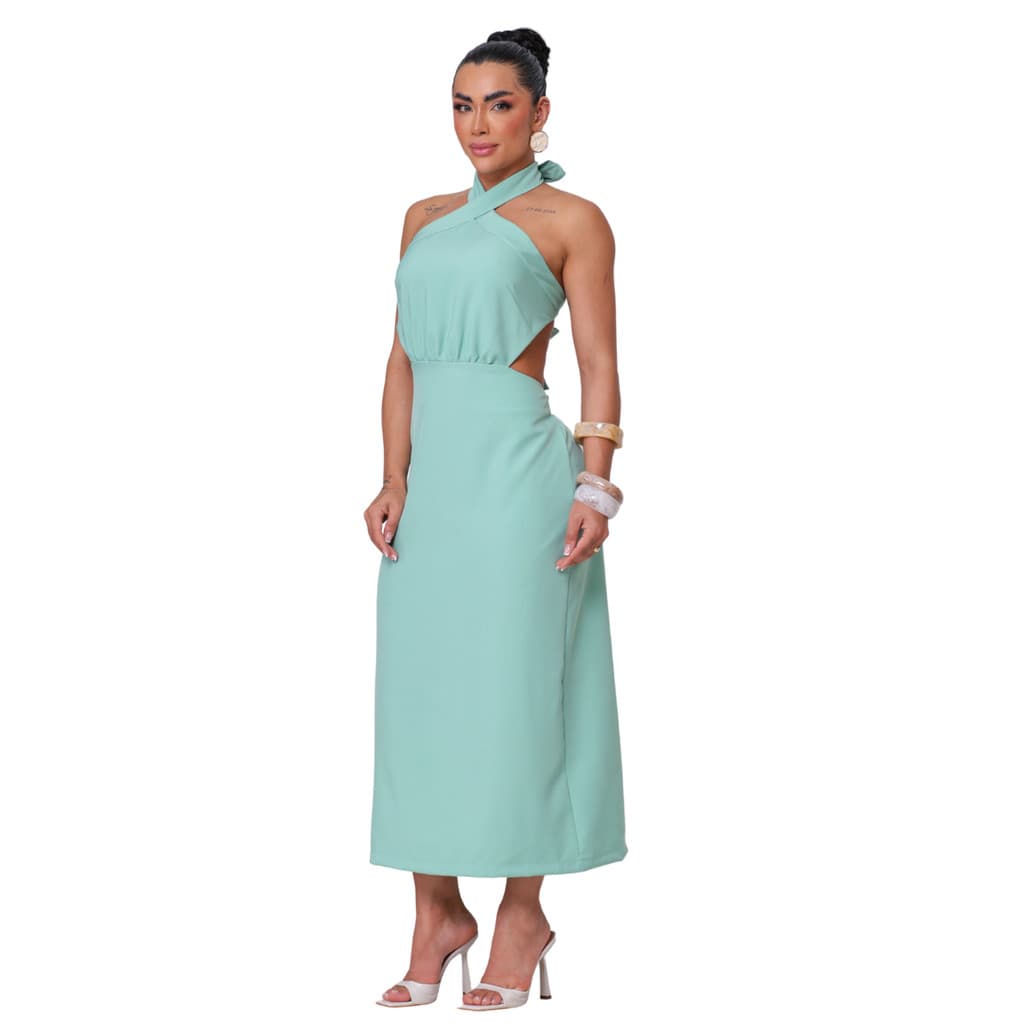 Vestido Midi Feminino Linhão Frente Única Costas Abertas com Amarração