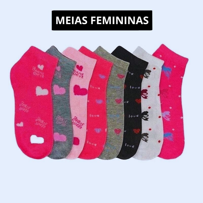 KIT  Meias 3 6 12 ou 15 Soquete Adulto Feminina Estampada Cores Delicadas
