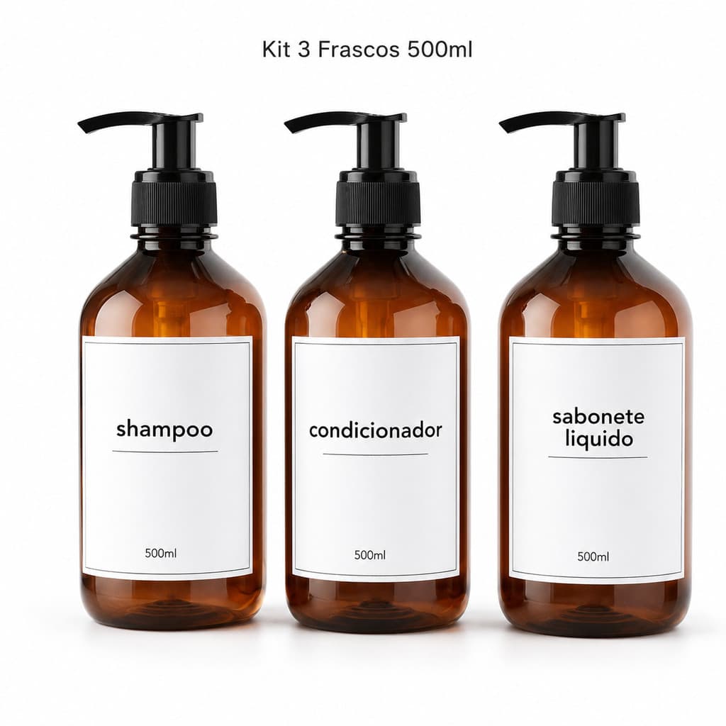 Kit 3 Frascos PET Âmbar 500ml com Pump | Shampoo, Condicionador e Sabonete