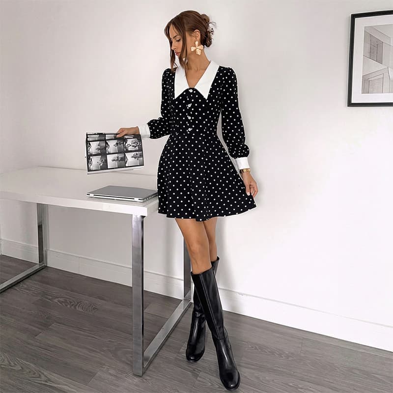 vestido midi Saia Curta Feminina retro Lapela Francesa De Bolinhas Temperamento Viajando De Cintura Alta