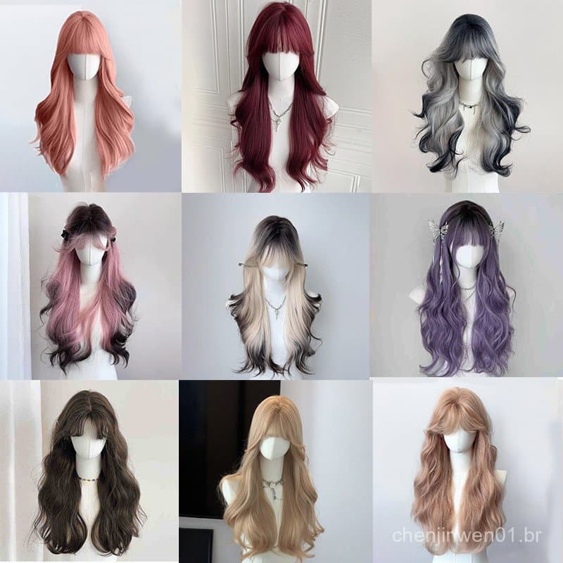 Peruca Feminina com Franja, Ondas Grandes, Cabelo Longo Cacheado em Degradê Estilo Lolita, Peruca de Cabeça Inteira, Apl