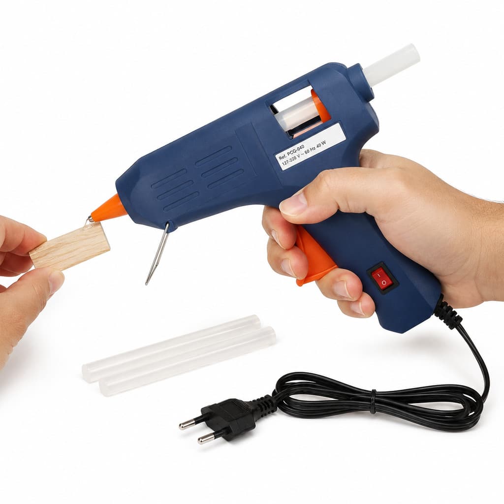 Pistola de Cola Quente 40W Bivolt com Botão Liga/Desliga Bastão 11mm e 2 Bastões Reparos Manuais