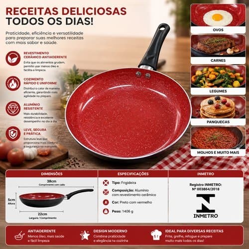 Frigideira Antiaderente Ceramica 22cm Fundo Inducao Alta Durabilidade Cozinha Preta Versatil