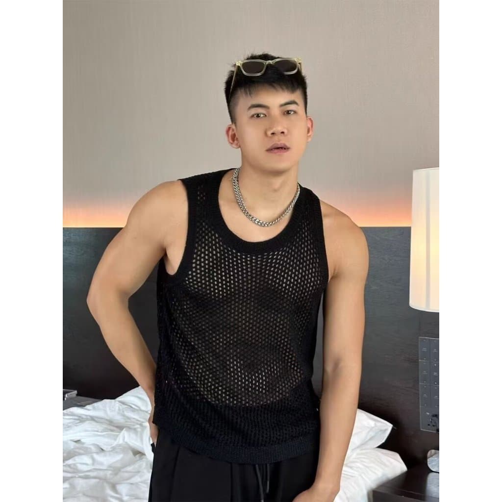 Japonês americano oco malha colete masculino High-End sentimento respirável esportes Fitness sem mangas camiseta de malh