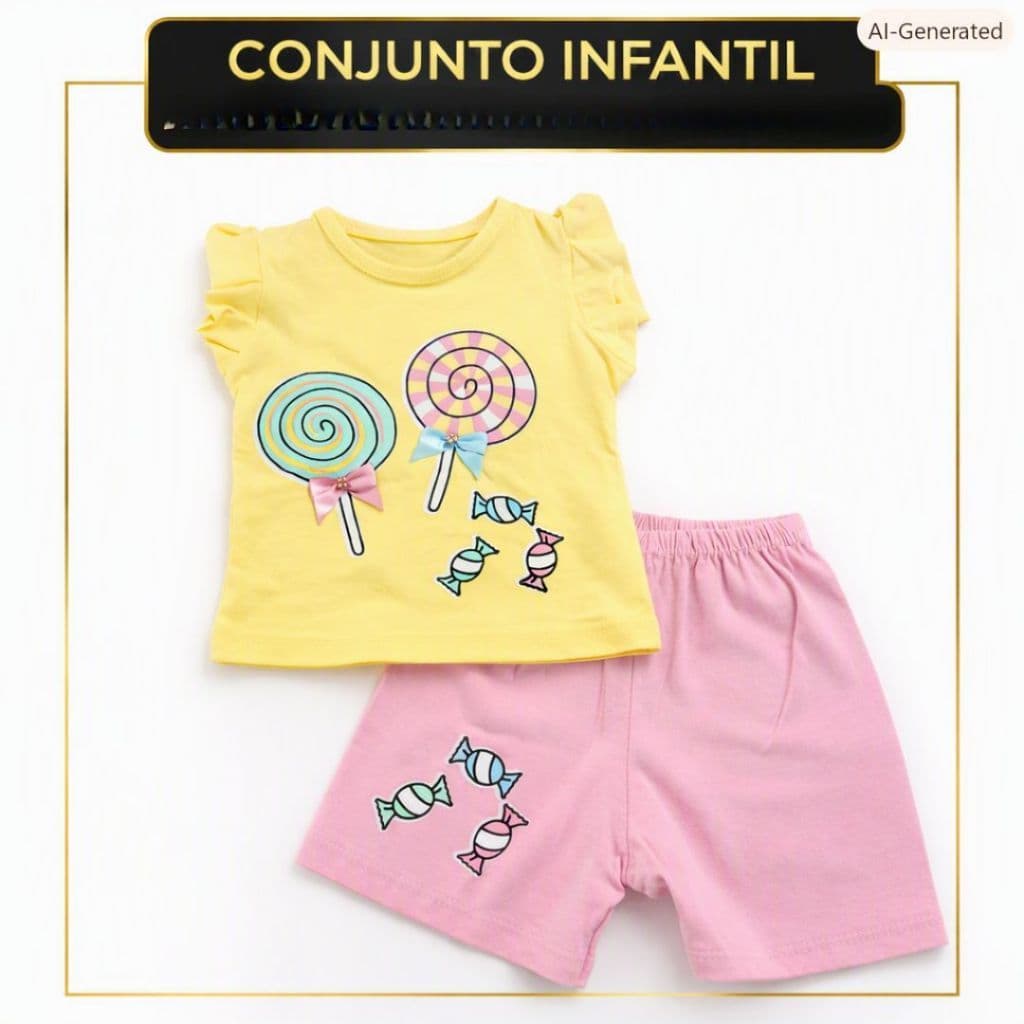 Conjunto Camisa Manga Curta Shorts Bebe 6 a 12 Meses Creche Dia a DIa Algodão Menina Rosa e Amarelo Verão Meia Estação