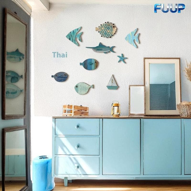 FUUP 10 Pçs/set Decoração De Parede De Peixe De Madeira Pendurado Tema De Praia Arte Do Banheiro Náutico Oceano Costeira