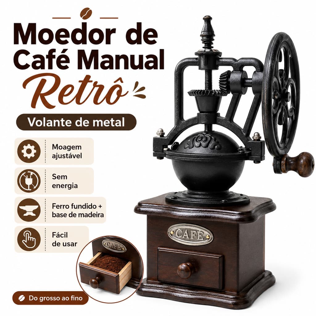 Moedor de Café Manual Retrô com Manivela, Corpo em Metal e Gaveta de Madeira, Design Vintage para Grãos de Café