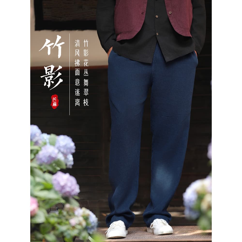 Nan estilo chinês calças masculinas de linho puro outono inverno calças casuais retas calças Ramie cintura média alta so