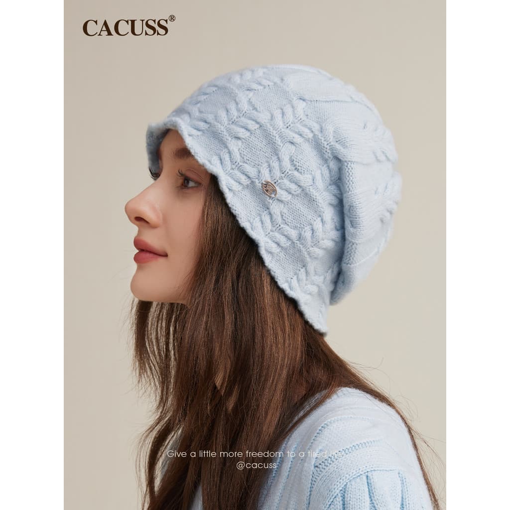 CACUSS chapéu de lã pura feminino outono inverno quente chapéu de malha pequeno rosto chapéu de lã grande circunferência