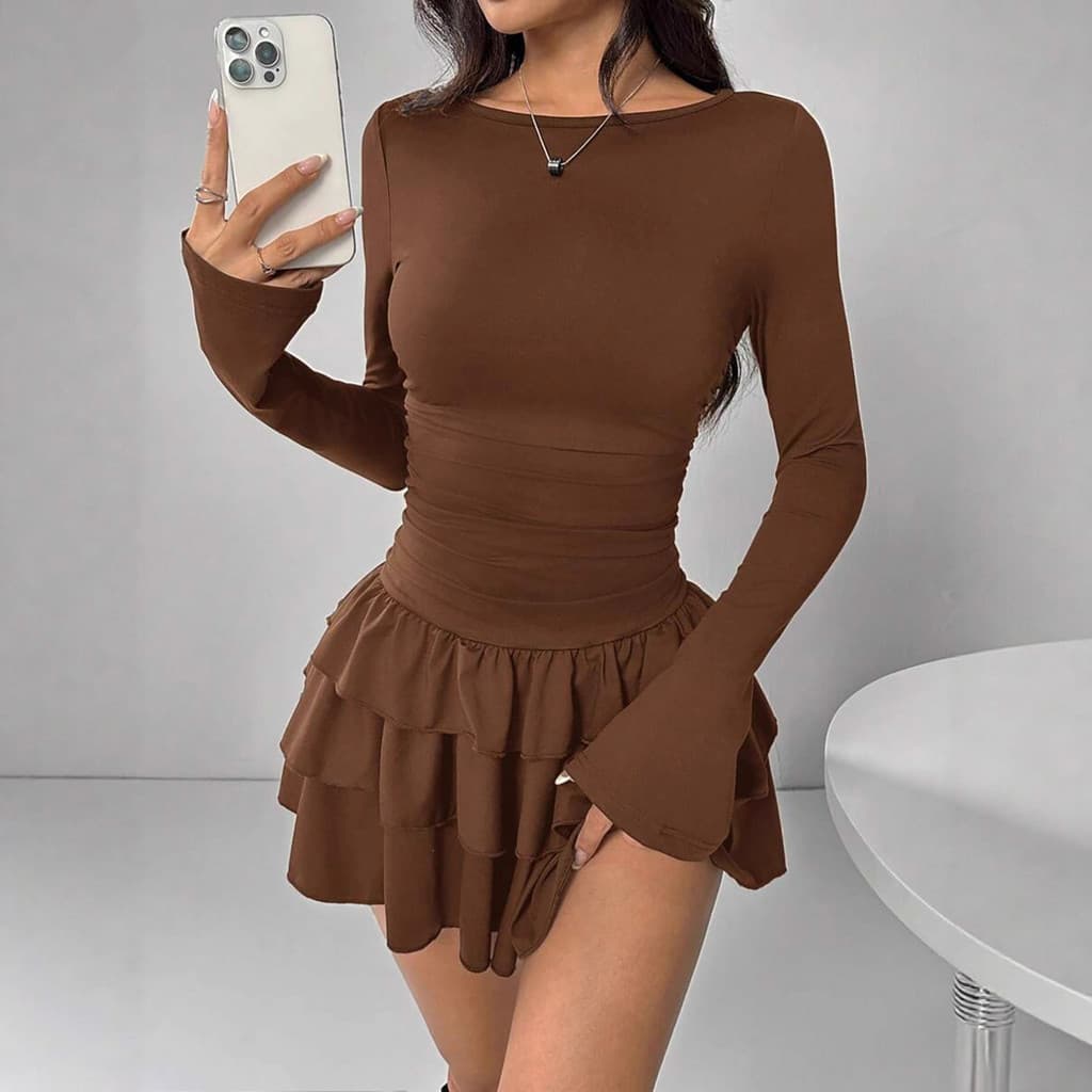Novo Vestido Feminino Elegante de Manga Longa, Cor Sólida, Ajuste Slim, Alta Qualidade QW11