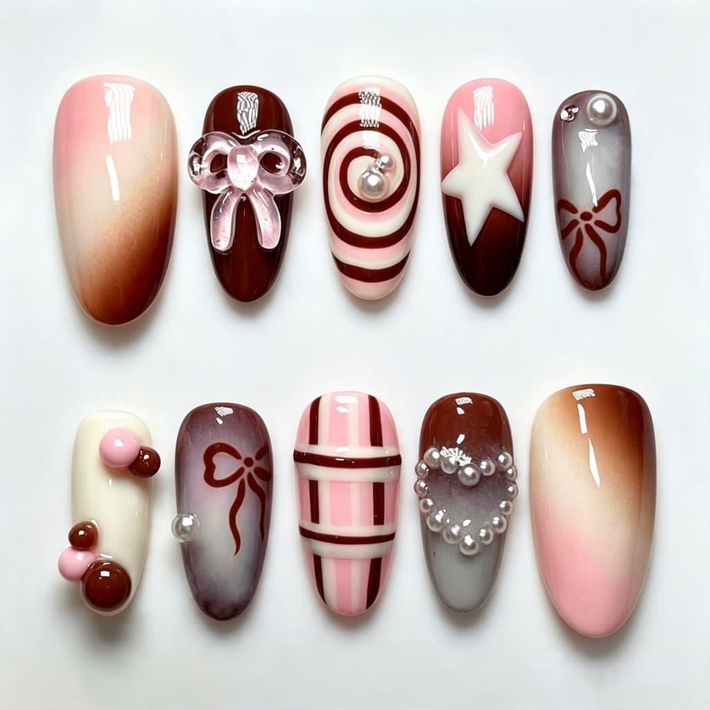 30 peças doce ins rosa xadrez 3d arco amêndoa usar unhas requintado gradiente Manicure unhas