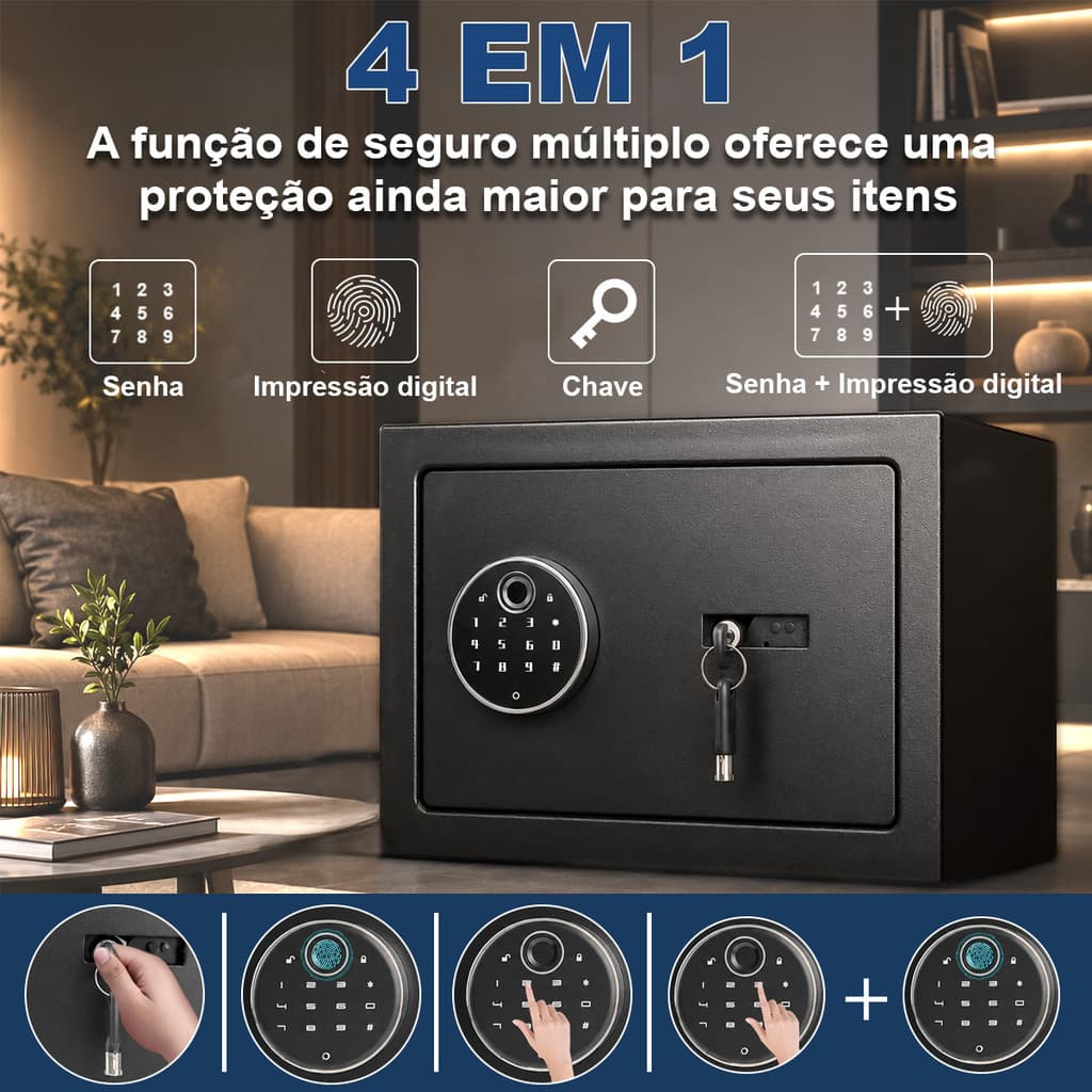 ZATEL 4 Em 1 31×20×20cm Cofre Eletrônico Digital Biométrico Senha  Anti-Roubo com Alarme