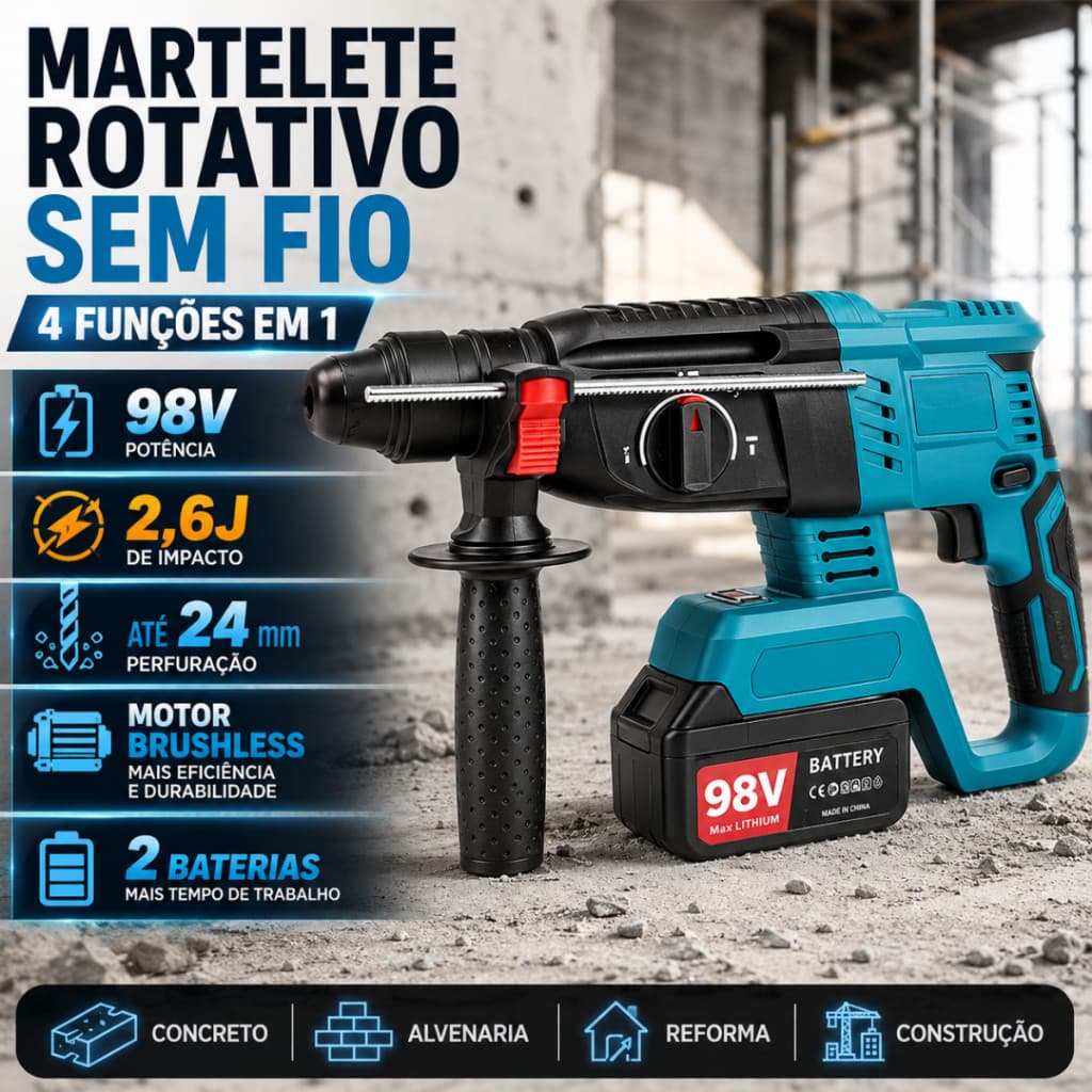 Martelete Rotativo 98V Sem Fio Brushless 4 Funções 2,6J com 2 Baterias para Concreto e Construção