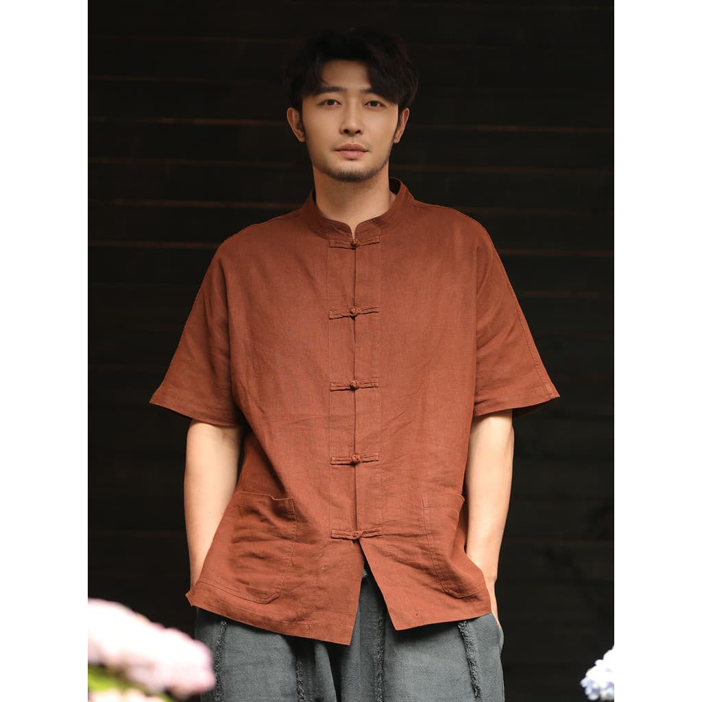 Nan Tang terno estilo chinês masculino Retro fivela manga curta cânhamo completo de meia-idade tamanho grande Casual Ram