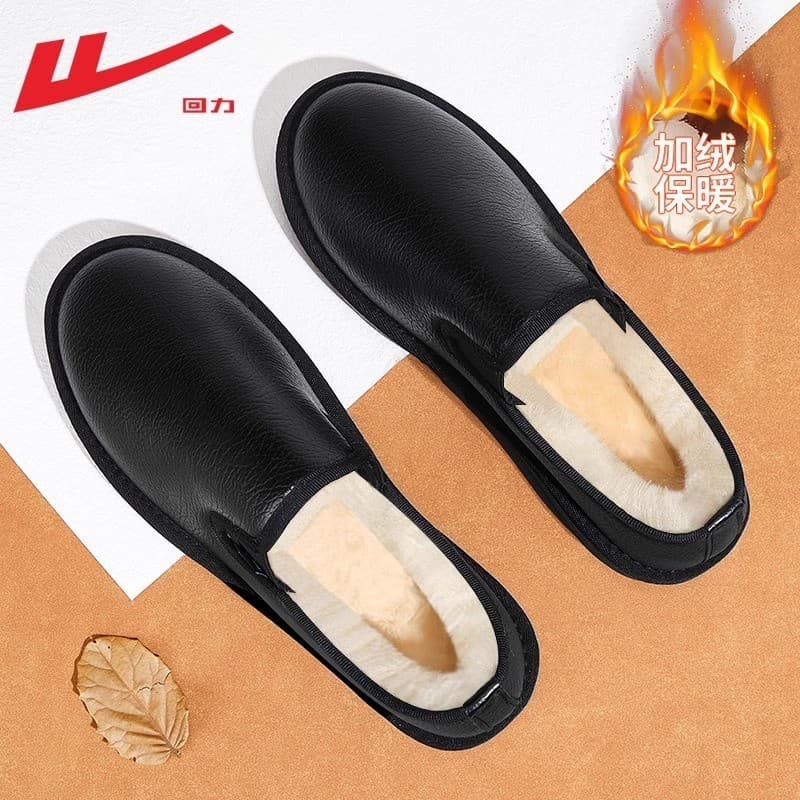Puxar para trás sapatos masculinos forro de lã de inverno engrossado quente sapatos de couro casuais superfície de couro